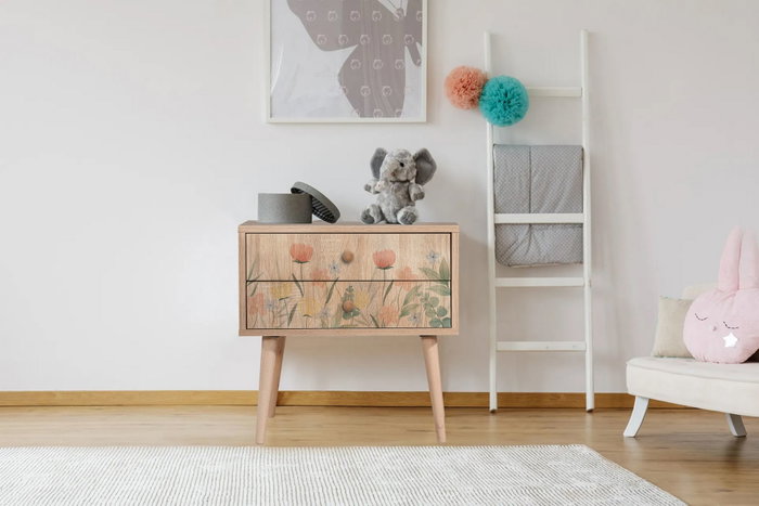 Hanah Home City Two Tulip Mesita de Noche con Impresión Impresionista Floral, 60x61x40cm
